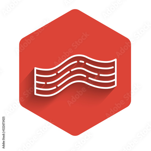White line Bacon stripe icon isolated with long shadow. Red hexagon button. Vector Illustration
