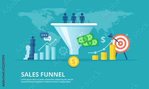 Purchase funnel flat vector illustration. The process of communication and attracting new customers and making a profit business concept. Sales automation tool.
