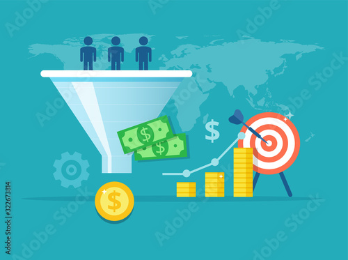 Purchase funnel flat vector illustration. The process of communication and attracting new customers and making a profit business concept. Sales automation tool.