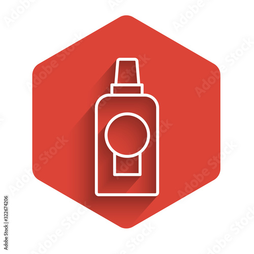 White line Mouthwash plastic bottle icon isolated with long shadow. Liquid for rinsing mouth. Oralcare equipment. Red hexagon button. Vector Illustration