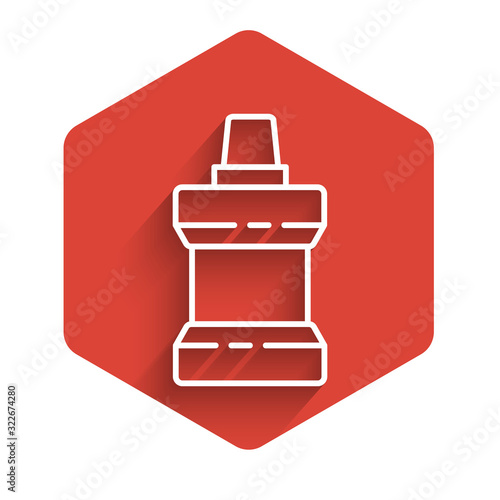 White line Mouthwash plastic bottle icon isolated with long shadow. Liquid for rinsing mouth. Oralcare equipment. Red hexagon button. Vector Illustration
