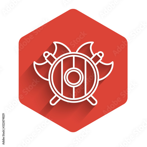 White line Medieval shield with crossed axes icon isolated with long shadow. Battle axe, executioner axe. Red hexagon button. Vector Illustration