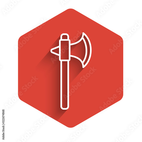 White line Medieval axe icon isolated with long shadow. Battle axe, executioner axe. Red hexagon button. Vector Illustration