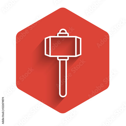 White line Battle hammer icon isolated with long shadow. Red hexagon button. Vector Illustration