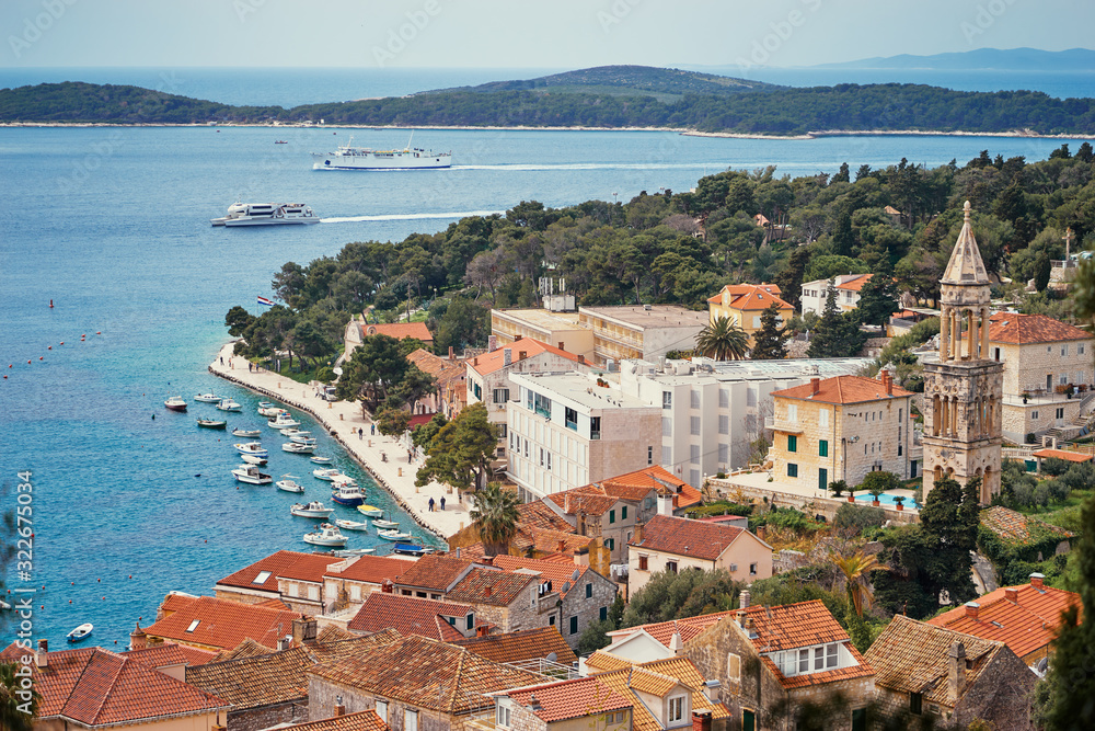 Beautiful view of Hvar old town on the sea shore.