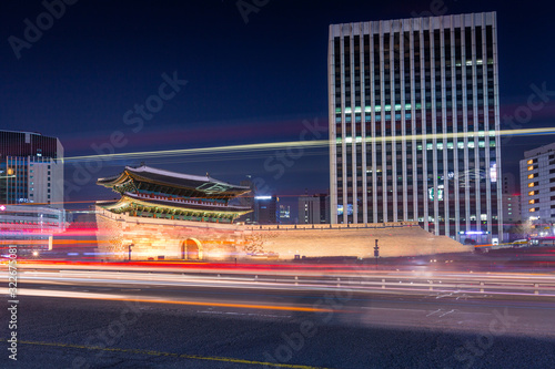 Namdaemun gate  or Sungnyemun cityscape at night, fortress of seoul, South Korea. photo