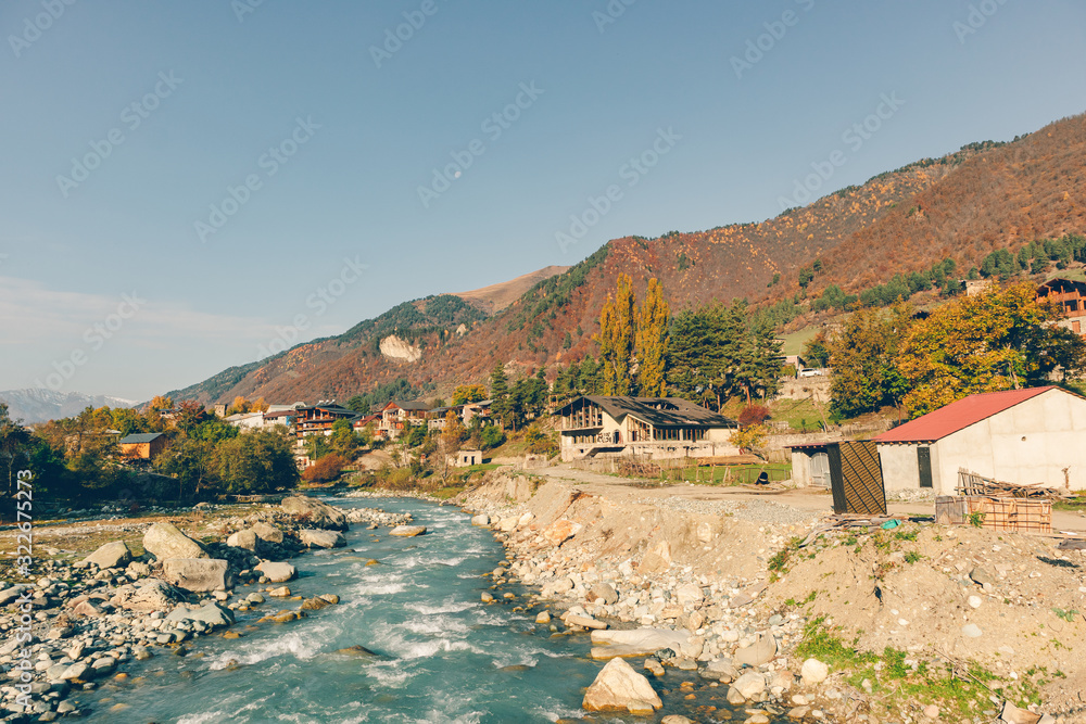 Landscape of small rural town and the river of Mestia, Georgia.