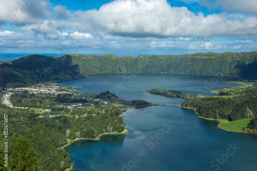 Lake called  Lagoa das 7 cidades  in portuguese  viewed from  Vista do Rei  viewpoint in Sao Miguel  Azores  Portugal.