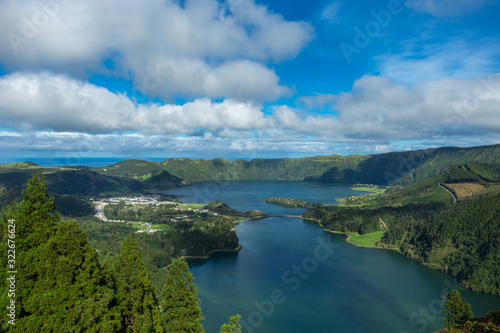 Lake called "Lagoa das 7 cidades" in portuguese, viewed from "Vista do Rei" viewpoint in Sao Miguel, Azores, Portugal.