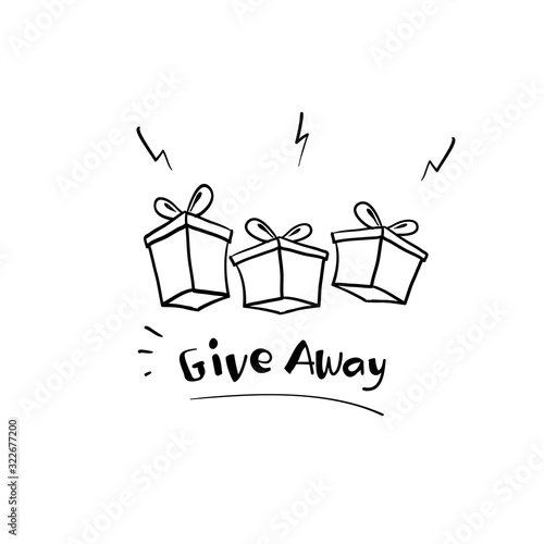 hand drawn Giveaway for promo in social network, advertizing of giving present, like or repost isolated icon vector. Business account, gift box, winner. Social media post, surprise package doodle