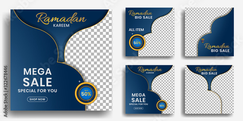 “Ramadan Kareem Mega Sale Templates – Blue and Gold Islamic Social Media Promotion Banners