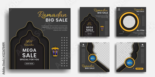 Editable social media templates for promotions on Ramadan holidays. Collection of Instagram stories and post frames. Collage. Layout design for marketing promotion on social network. Cover. Background
