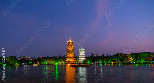 Sun and moon pagodas in Guilin at night