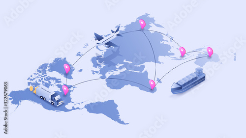 World map logistic tracking process via plane, truck, and shipping. 3D isometric illustration vector image