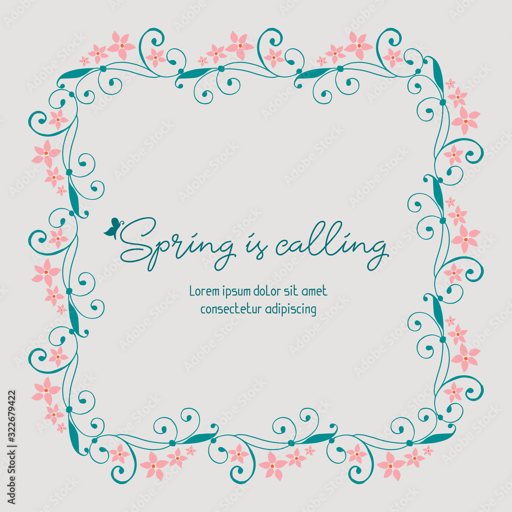 Antique spring calling greeting card design, with leaf and floral frame decor. Vector