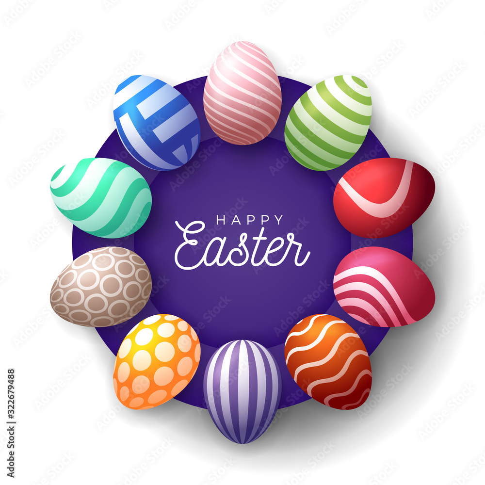 Easter egg banner. Easter card with eggs laid out in a circle on a purple plate, colorful ornate eggs on white modern background. Vector illustration. Place for your text
