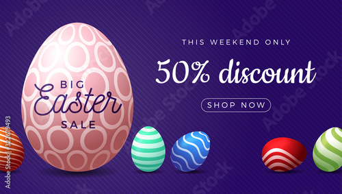 Easter egg horizontal banner. Easter big sale card with big colorful ornate egg on purple striped modern background. Vector illustration. Place for your text