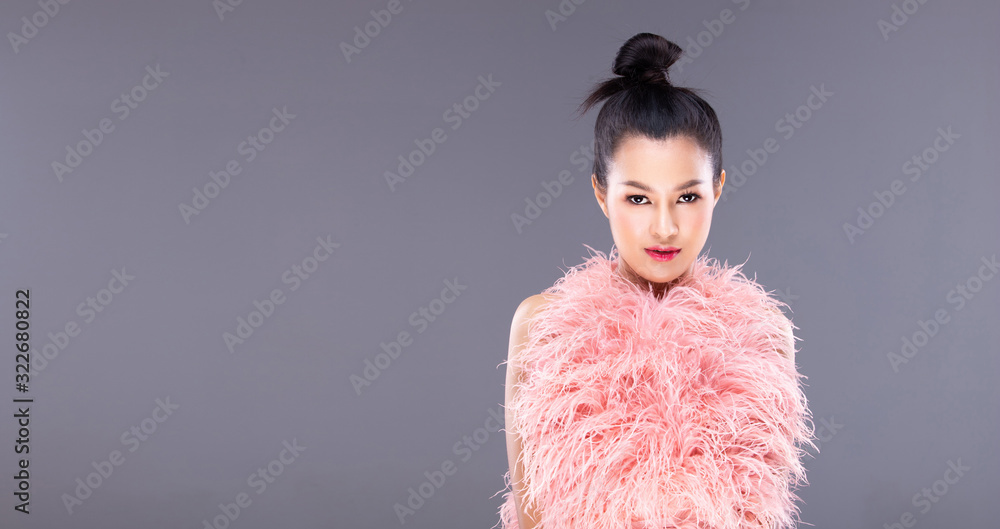 Young Asian Woman present Feather Pink Pastel dress shirt for Online catalog photo shooting with smile. 20 Girl turns body and wind blow, studio lighting gray background isolated, collage many poses Young Asian Woman present Feather Pink Pastel dress shirt for Online catalog photo shooting with smile. 20 Girl turns body and wind blow, studio lighting gray background isolated, collage many poses