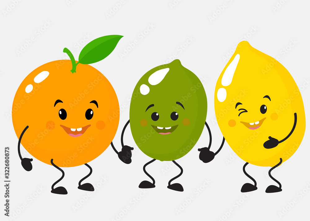 Lemon, Orange, Lime. Cute, attractive, character with emotion, joy, fun Lemon, Orange, Lime. Cute, attractive, character with emotion, joy, fun