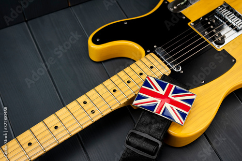 Photography American classic electric guitar with metallic clasp of the British flag Union