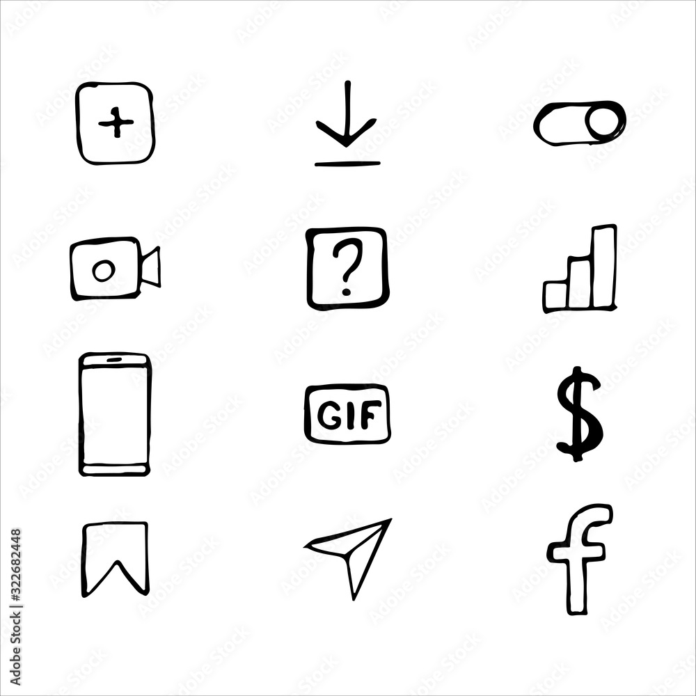 Business set of icons drawn by hand. A set of black icons drawn in pencil. Vector eps illustration.