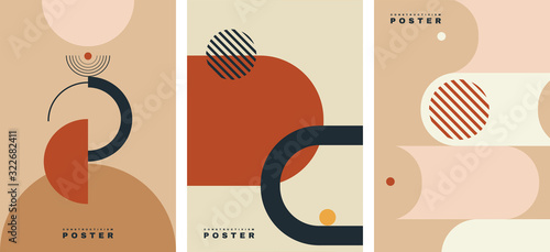 Vector. Set of costructivism abstract posters. Geometric shapes, template design, modern minimal wall art, terracotta color elements. Layout for flyer, poster, magazine or brochure. Avant garde. 