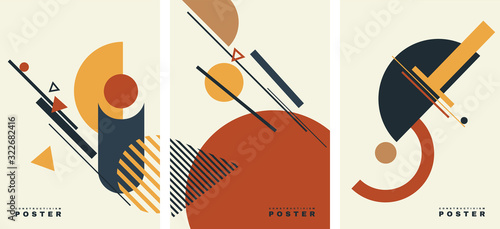 Vector. Set of costructivism abstract posters. Geometric shapes, template design, modern minimal wall art, terracotta color elements. Layout for flyer, poster, magazine or brochure. Avant garde. 