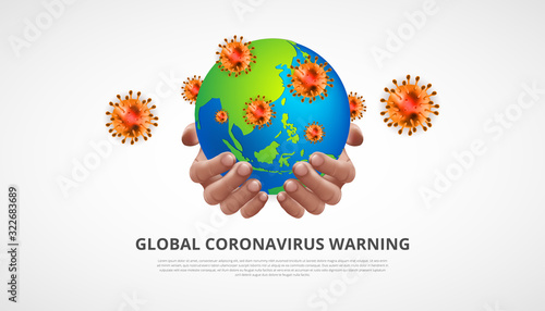 Coronavirus 2019 nCoV 3d realistic human hand holding globe world with coronaviruses cell in white background. pandemic wuhan virus disease. for banner information, flyer, etc.