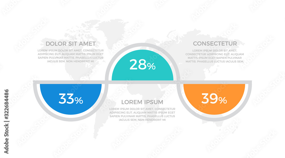 Set of blue, turquoise and orange elements for infographic with world map presentation slides.