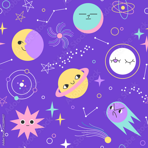 Space seamless pattern with cartoon cute planets, stars and comets. Cosmos doodle illustration. Galaxy wallpaper for kids. Hand drawn space elements.