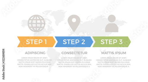 Set of orange, blue and green elements for infographic with world map presentation slides.