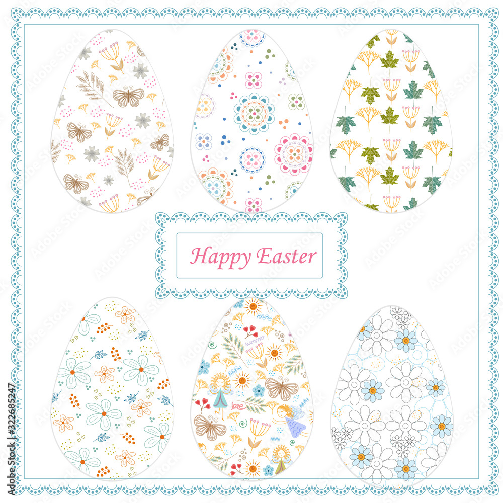 Set of colored Easter eggs with ornaments on a white background with a patterned frame in the center, happy Easter text, isolated, vector illustration