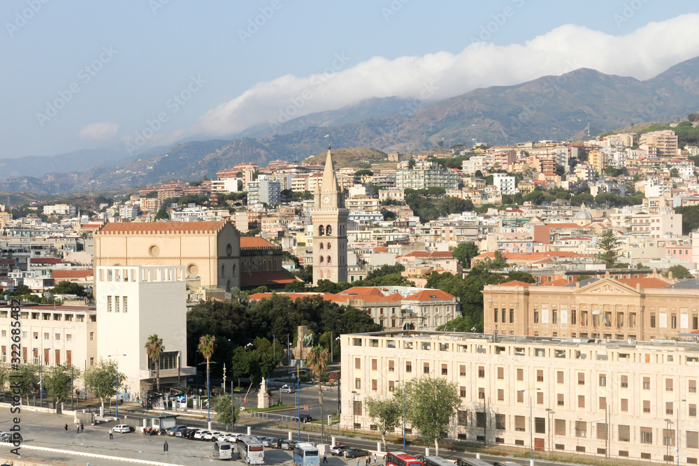 View over Messina with the cathedral clock tower in the centre, Sicily, Italy