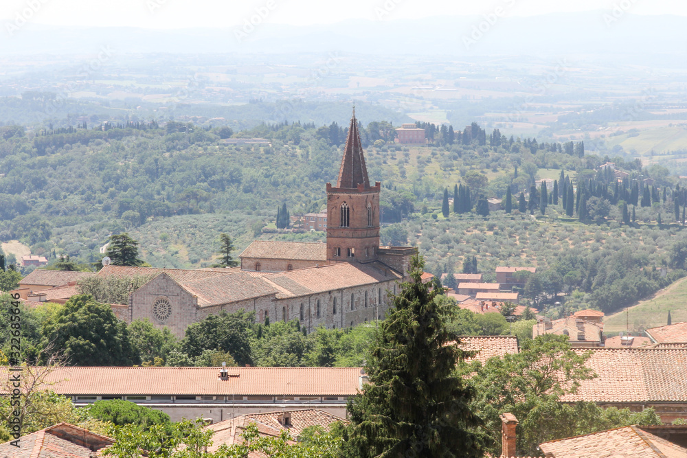 View of church and Umbrian countryside from Perugia. Italy