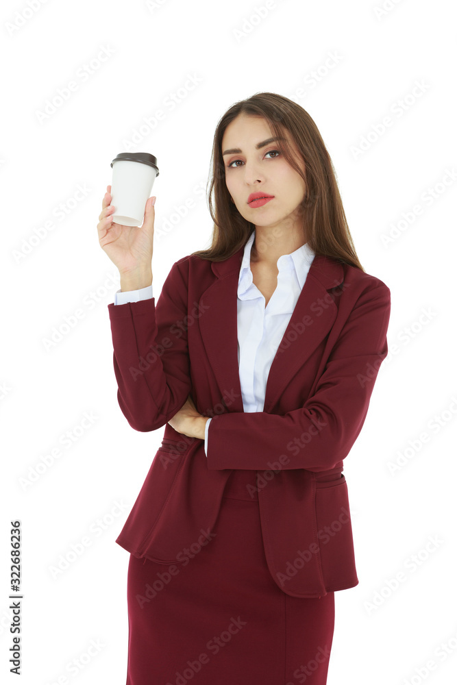 Portrait of beautiful businesswoman in red dress holding hot coffee cup isolated on white background Portrait of beautiful businesswoman in red dress holding hot coffee cup isolated on white background