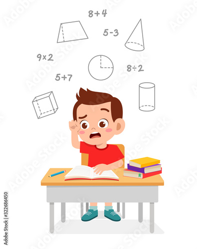 happy cute little kid boy study math