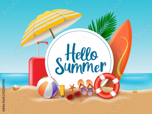 Hello summer beach vector concept. Hello summer greeting text in circle white frame with colorful beach element of umbrella, surfing board, luggage, ball, floater, sunscreen, slippers, sunglasses.