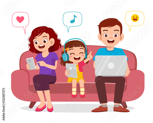 happy kid girl with parent holding smartphone