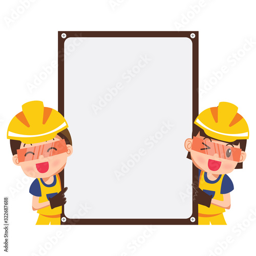 Vector Cartoon illustration of a happy smiling construction worker and pointer with blank label.