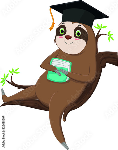 illustration of cute sloth cartoon character with graduation cap