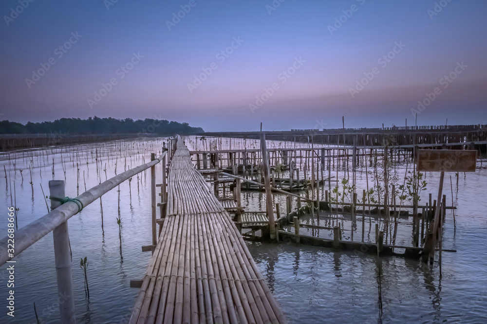 Golden natural sea sunrise view of Mangrove forest and small wooden bridge at horizon with people silhouette and orange sky landscape. Sunrise scenery Bangkok sea at Bangkhuntien, Bangkok, Thailand.