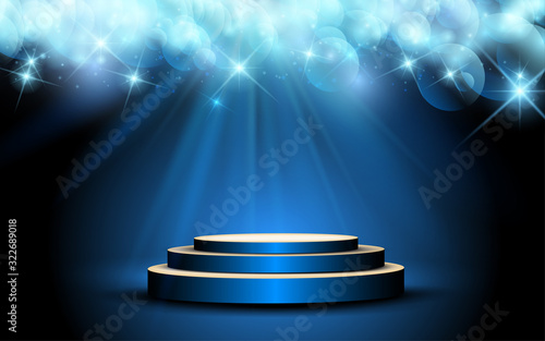 blue podium with blue light background	