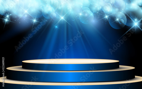 blue podium with blue light background	