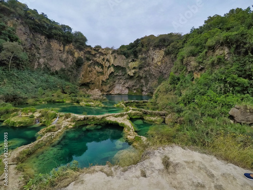 (EL SALTO-EL MECO) san luis potosi México, hermosa cascada Turquoise water in a river and cliffs of the reserve. Beautiful natural canyon, blue river water and boating