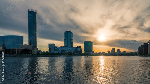 Sunset on a pond in the center of the city. Yekaterinburg  Russia