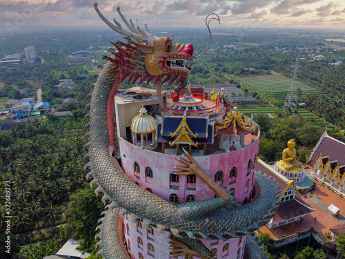 Aerial view of Wat Samphran Dragon Temple in the Sam Phran District in Nakhon Pathom province near Bangkok, Thailand.