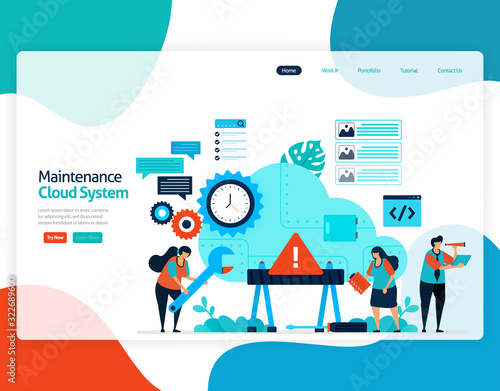 homepage landing page vector flat illustration of maintenance cloud system. repair and maintenance of storage technology. security system in digital backup database. web, flyer, website, mobile apps