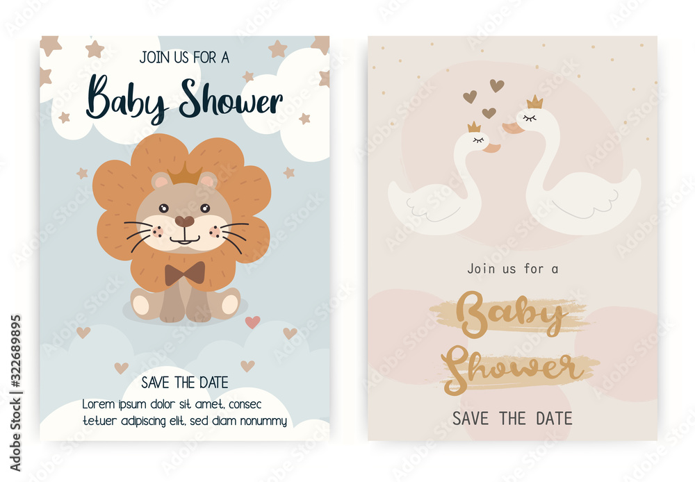 Set of cute Lion, swan. happy birthday party invitation card design, baby shower invitation card design template. Set of cute Lion, swan. happy birthday party invitation card design, baby shower invitation card design template.