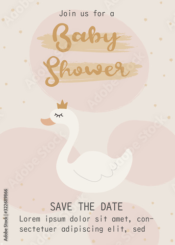 Fototapeta Naklejka Na Ścianę i Meble -  Cute swan happy birthday party invitation card design, baby shower invitation card design template.