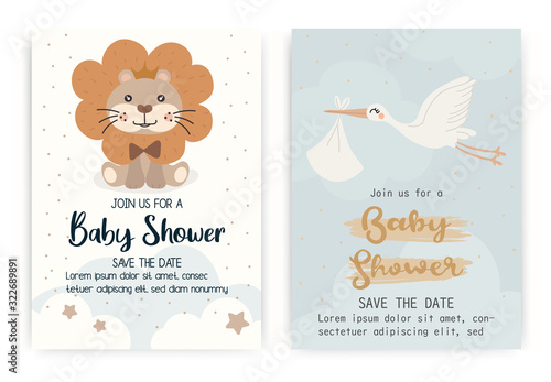 Set of cute Lion, Seagull. happy birthday party invitation card design, baby shower invitation card design template.